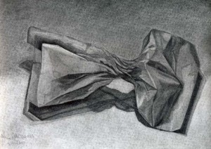 Bolsa de papel dibujada con lápiz de grafito sobre papel con base de carboncillo por Milena Cifuentes